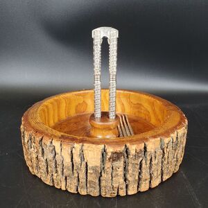 Vintage Wood Nut Bowl Bark Edge Nutcracker Set Picks Rustic MCM